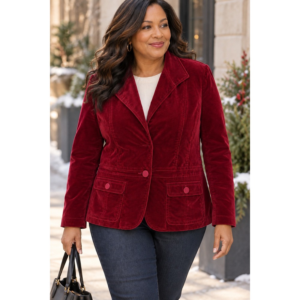 Talbots Burgundy Red Velvet Button Front Blazer Jacket Size 14 Cotton Blend